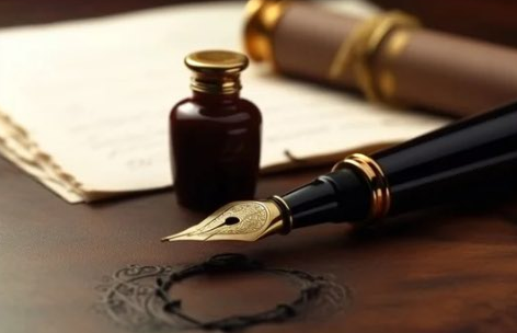 Fountain pen and notary stamp on a desk